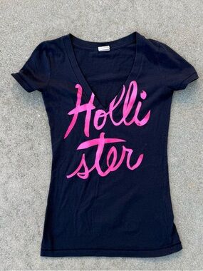 Vtg Y2K Womens Hollister V-Neck short Sleeve Tee Navy Blue Sz XS Laguna beach